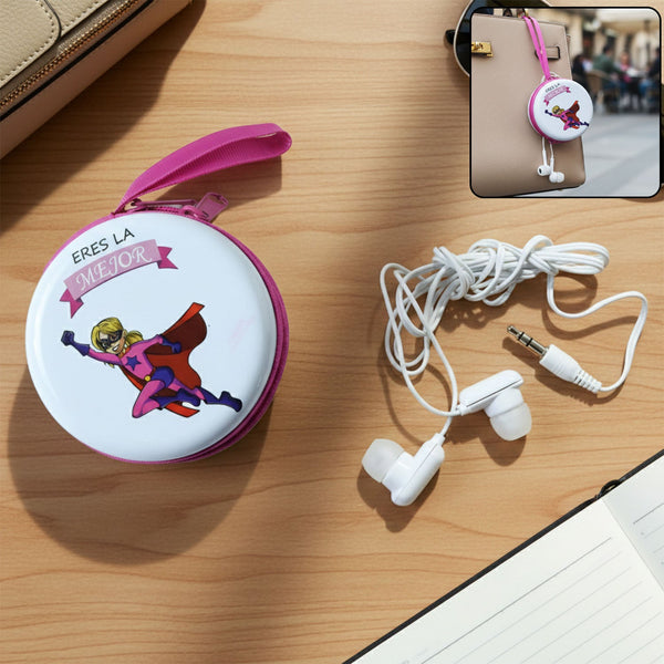 Portable Round Earphone Carry Case with Wired Earphones Set (1 Set)