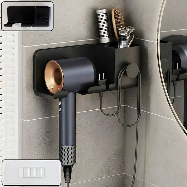 Wall Mounted Hair Dryer Holder with Multipurpose Organizer Shelf and Hook
